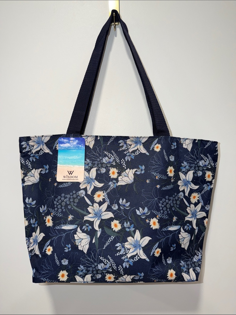 Wisdom Large Navy Blue Lillies Zip Top Tote